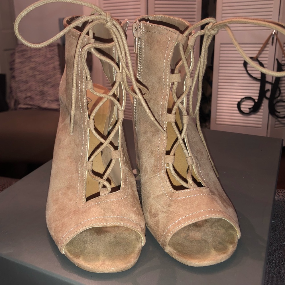 Lace Up Suede Open-toed Booties